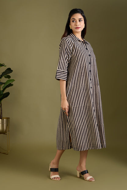 Maati Craft Earthy Noir Streak Long Shirt Dress