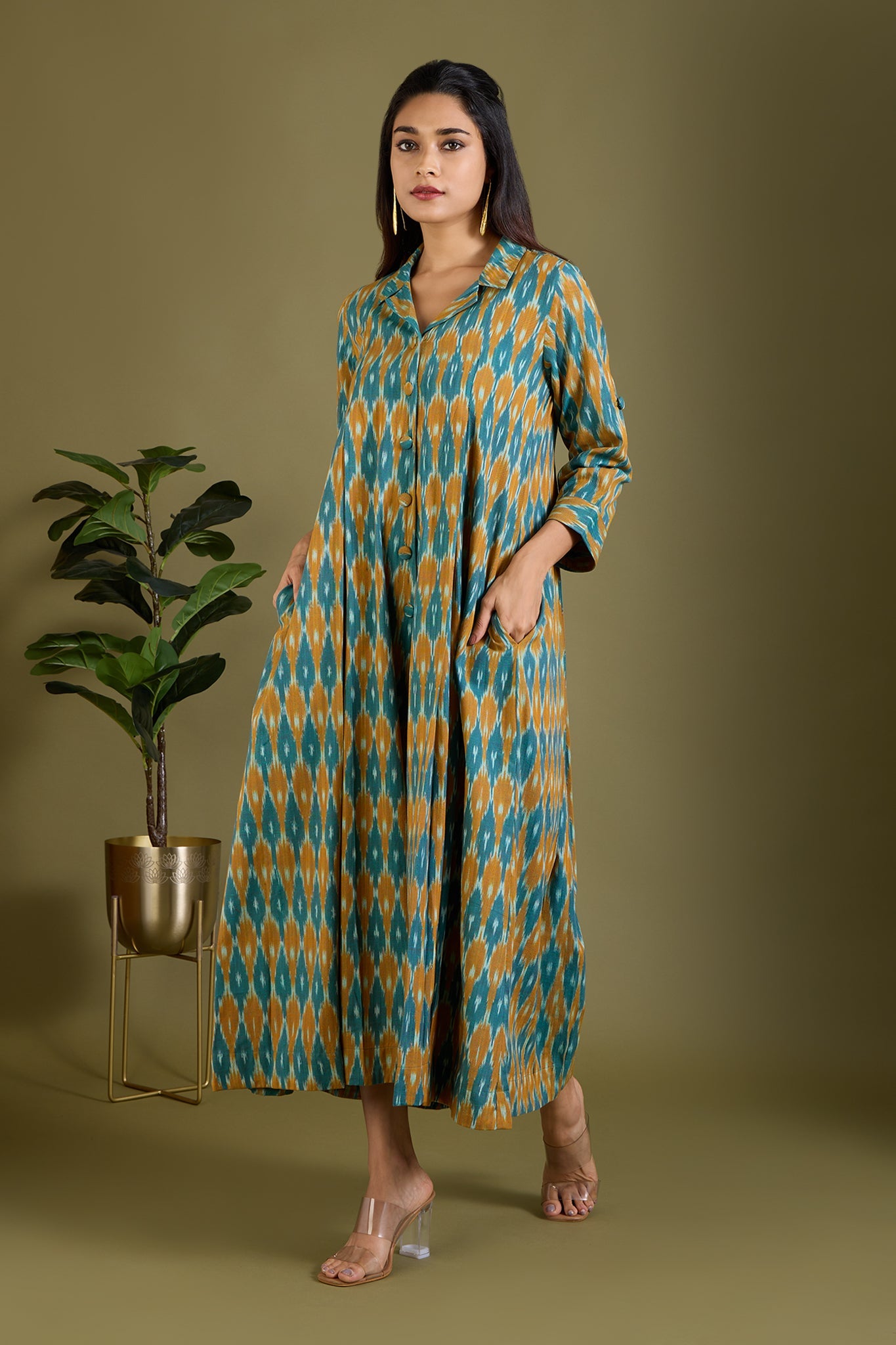 Maati Craft Sage and Saffron Cotton Jumpsuit with Pockets & Collar
