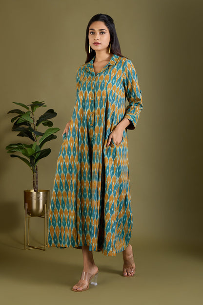 Maati Craft Sage and Saffron Cotton Jumpsuit with Pockets & Collar