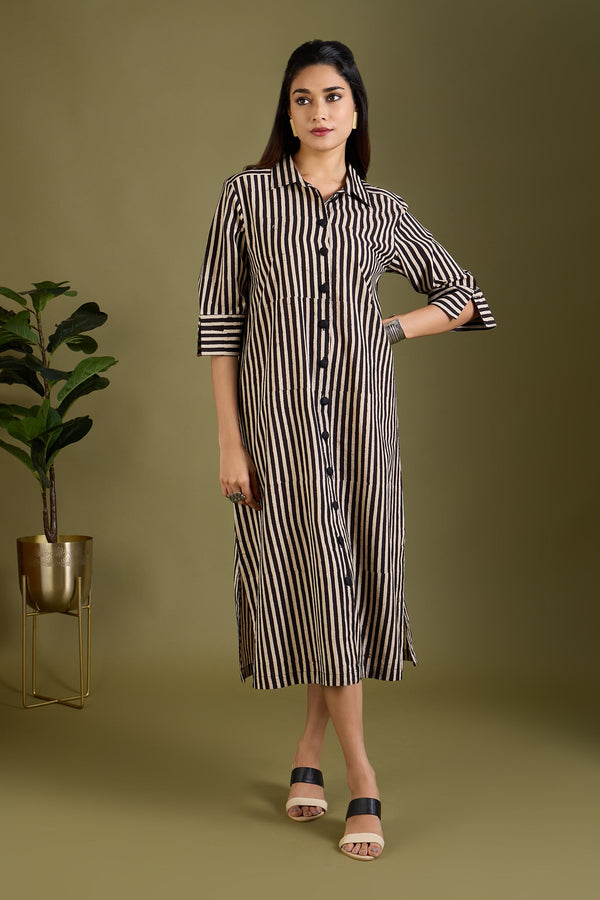 Maati Craft Earthy Noir Streak Long Shirt Dress