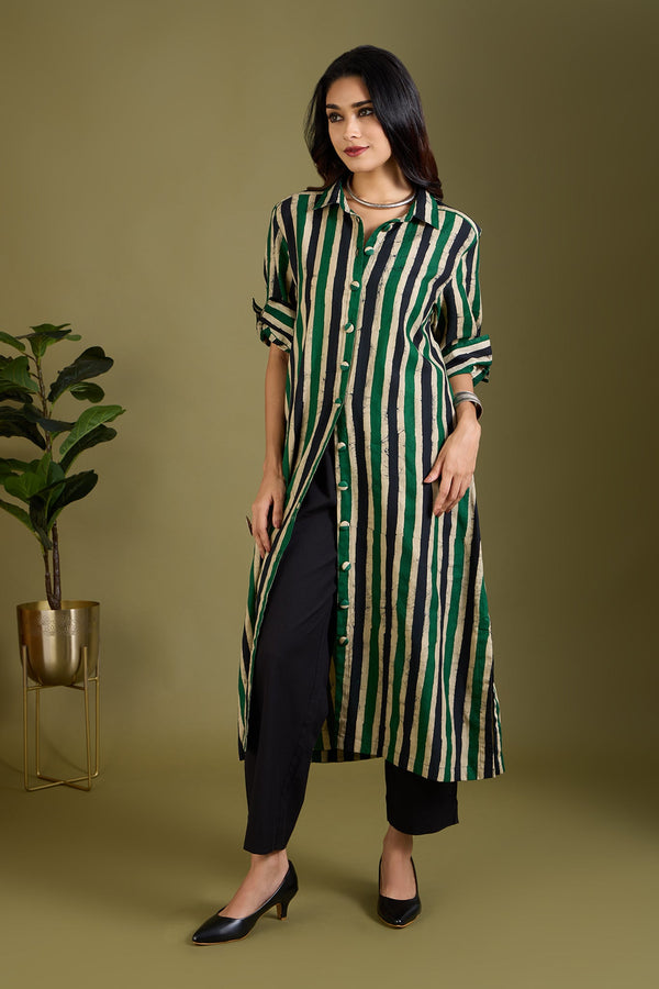 Maati Craft Sage Breeze Lines Long Shirt Dress
