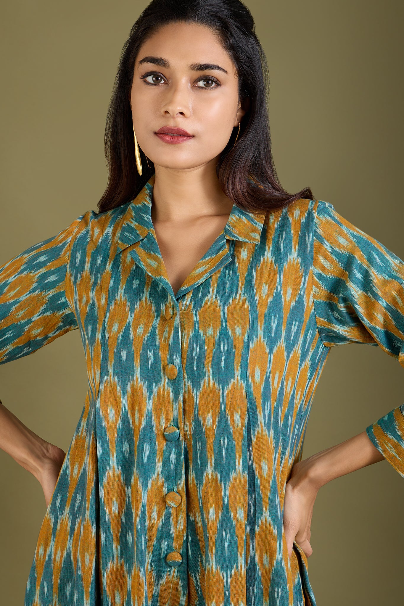Maati Craft Sage and Saffron Cotton Jumpsuit with Pockets & Collar