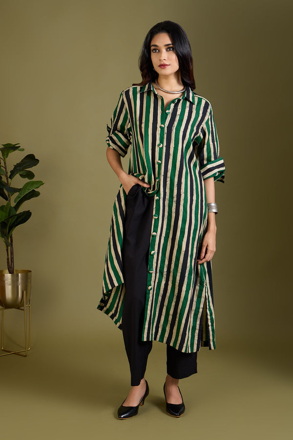 Maati Craft Sage Breeze Lines Long Shirt Dress