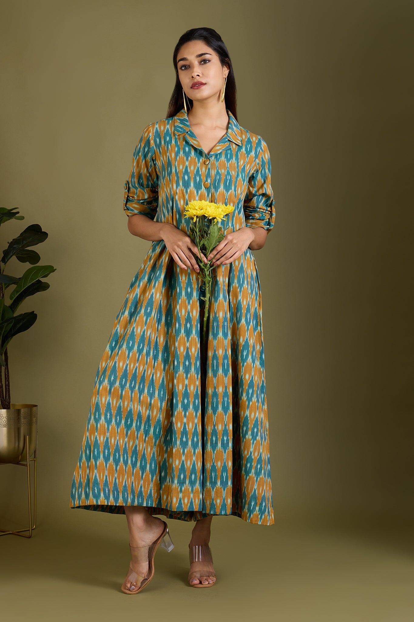 Maati Craft Sage and Saffron Cotton Jumpsuit with Pockets & Collar