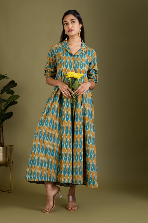 Maati Craft Sage and Saffron Cotton Jumpsuit with Pockets & Collar