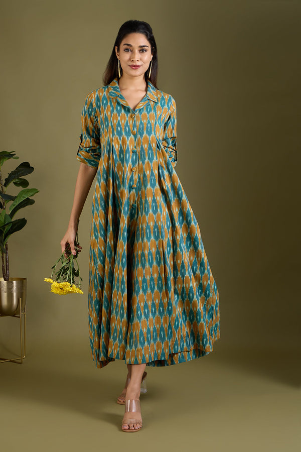 Maati Craft Sage and Saffron Cotton Jumpsuit with Pockets & Collar