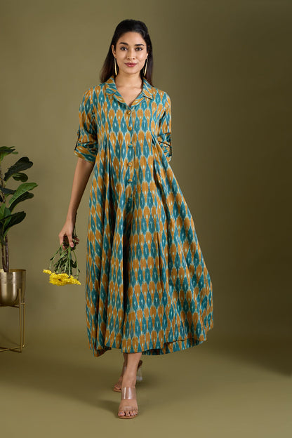 Maati Craft Sage and Saffron Cotton Jumpsuit with Pockets & Collar