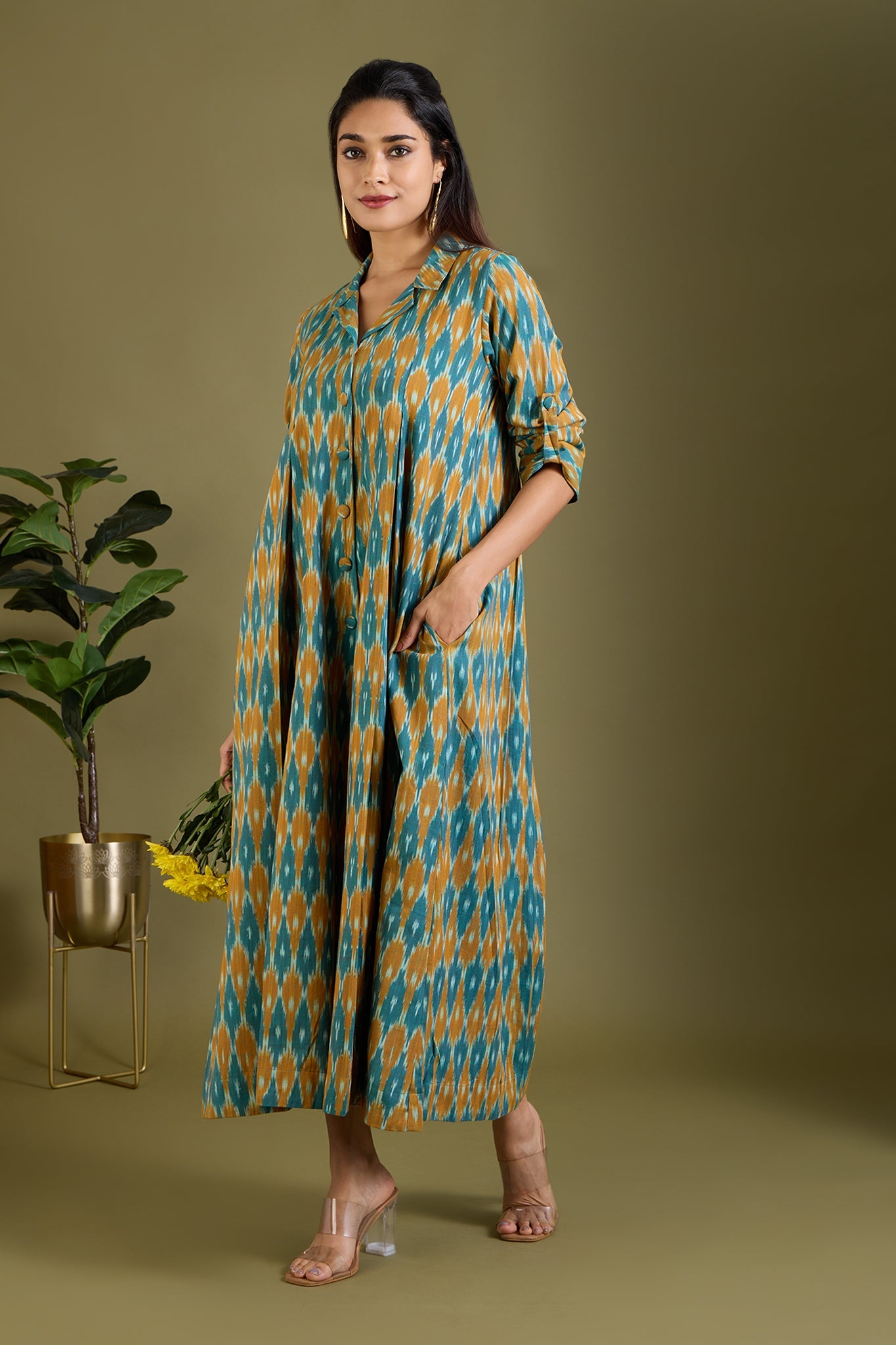 Maati Craft Sage and Saffron Cotton Jumpsuit with Pockets & Collar
