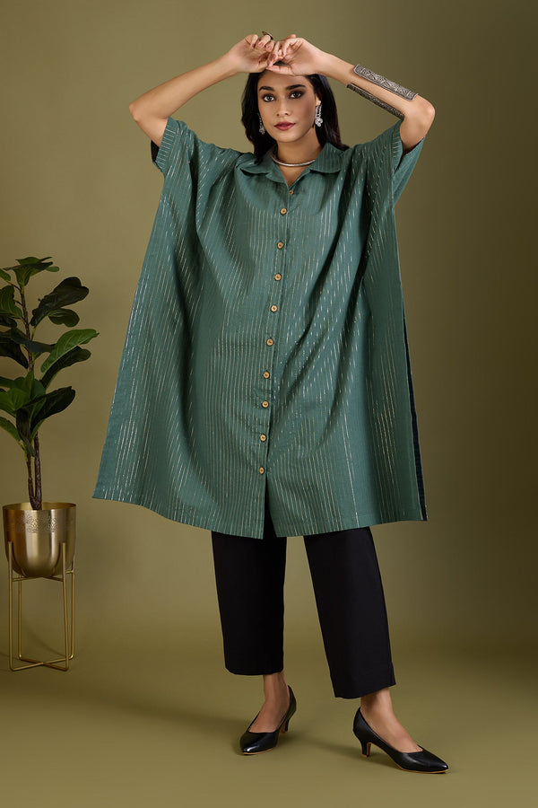 Maati Craft Emerald Gold Threads Button Down Kaftan Tunic