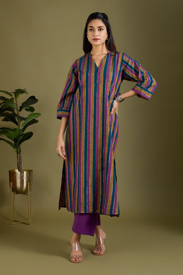 Maati Craft Dusk and Gold Front Zipper A-line Kurta Only