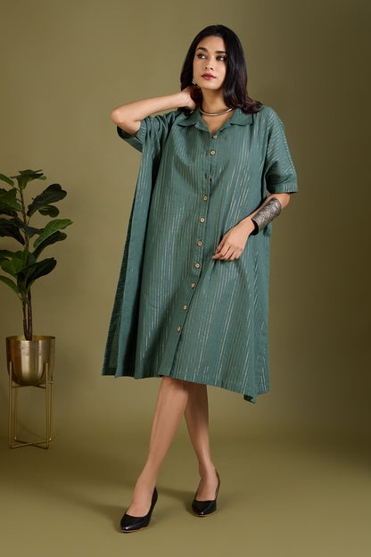 Maati Craft Emerald Gold Threads Button Down Kaftan Tunic