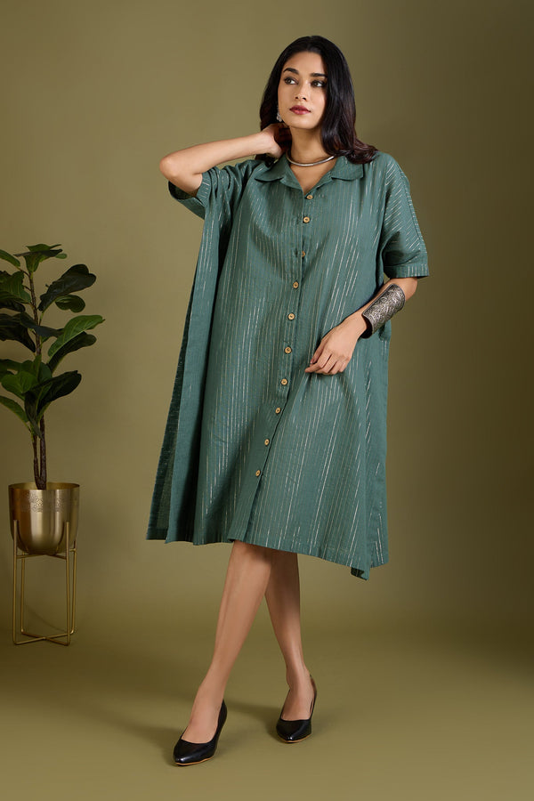 Maati Craft Emerald Gold Threads Button Down Kaftan Tunic