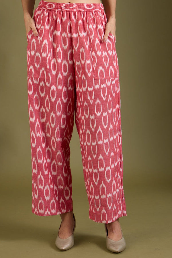 Comfort Fit Ankle Length Narrow Pants  - Pastel Pink Ikat Mc
