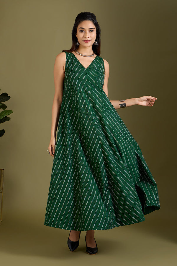 Maati Craft Emerald Zigzag Sleeveless Strap Flared Bias Dress