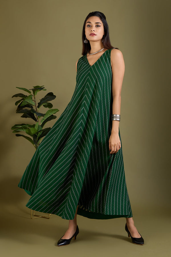 Maati Craft Emerald Zigzag Sleeveless Strap Flared Bias Dress