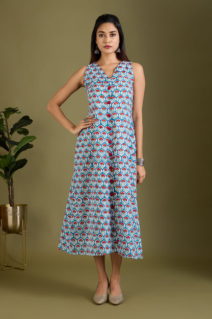 Maati Craft Azure Scarlet Buds V-neck Button Down Dress