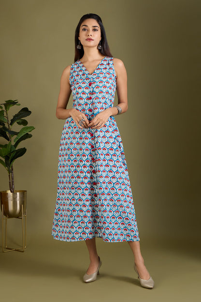 Maati Craft Azure Scarlet Buds V-neck Button Down Dress