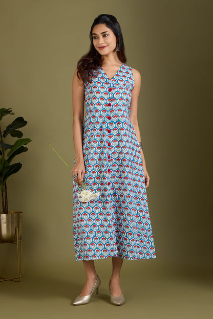 Maati Craft Azure Scarlet Buds V-neck Button Down Dress
