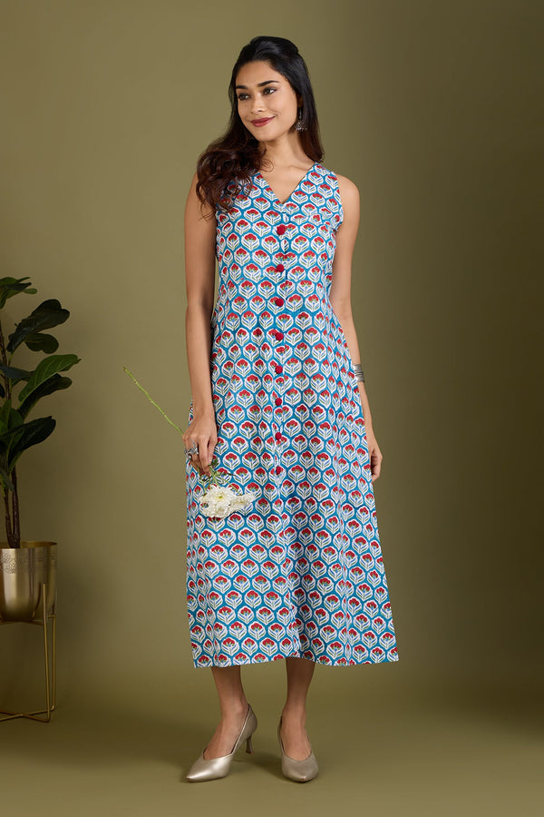 Maati Craft Azure Scarlet Buds V-neck Button Down Dress