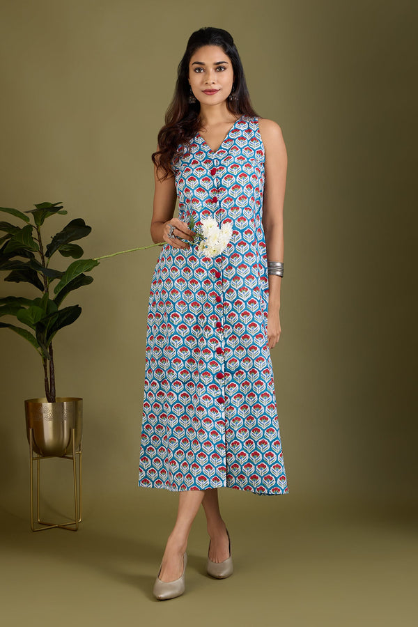 Maati Craft Azure Scarlet Buds V-neck Button Down Dress