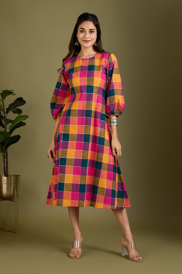 Maati Craft Prismatic Checks Peasant Sleeve Dress