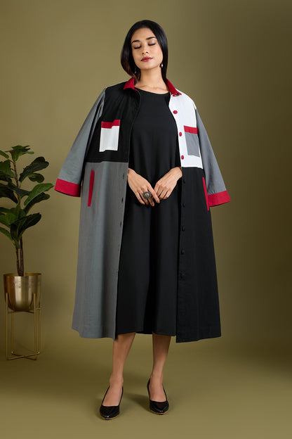Maati Craft Noir Ember Glow Colour Block Button Down Dress