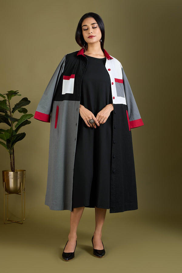 Maati Craft Noir Ember Glow Colour Block Button Down Dress