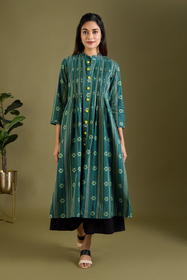 Maati Craft Sage Threads Pleated Neck Pintuck Dress