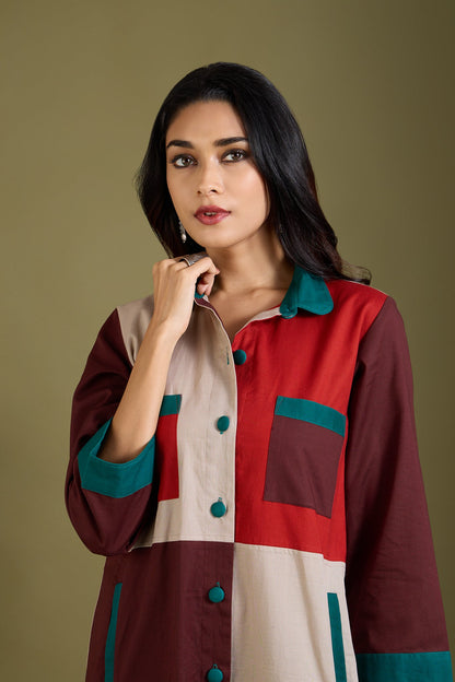 Maati Craft Woodland Whispers Colour Block Button Down Dress