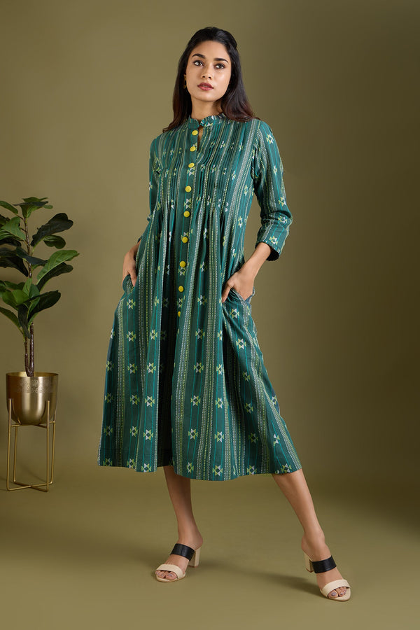 Maati Craft Sage Threads Pleated Neck Pintuck Dress
