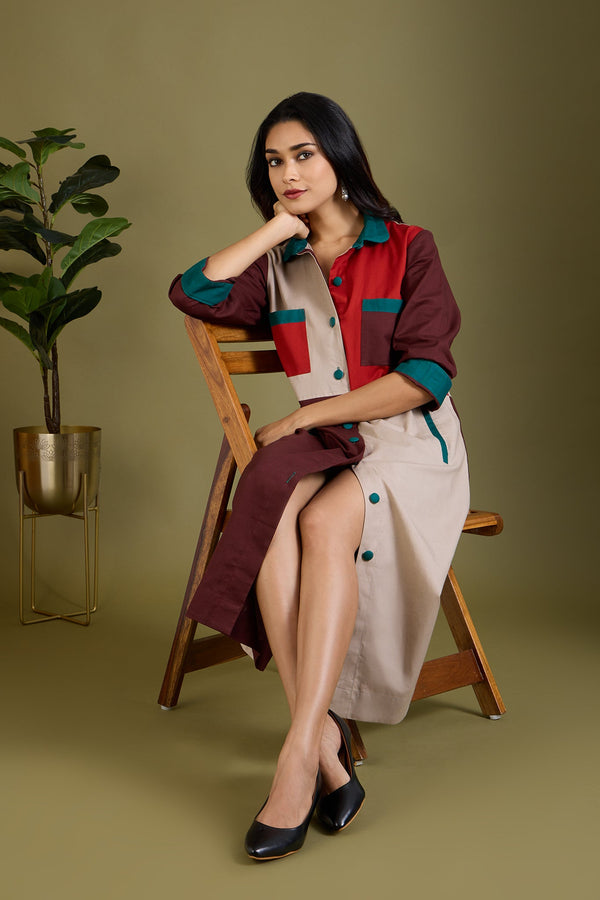 Maati Craft Woodland Whispers Colour Block Button Down Dress