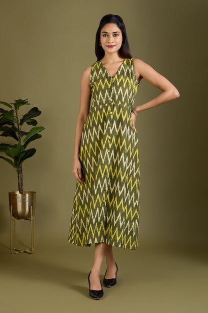 Maati Craft Earthy Zigzag Glow V-neck Button Down Dress