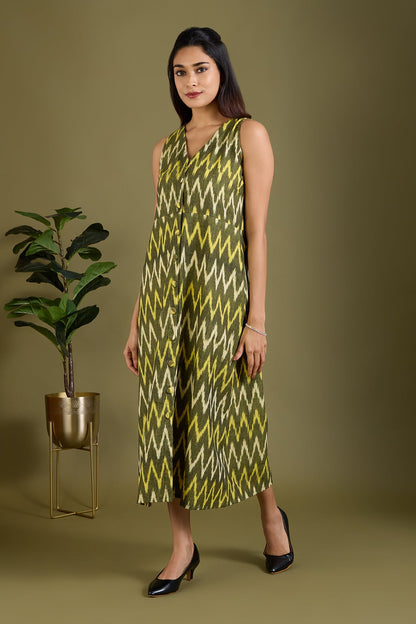 Maati Craft Earthy Zigzag Glow V-neck Button Down Dress