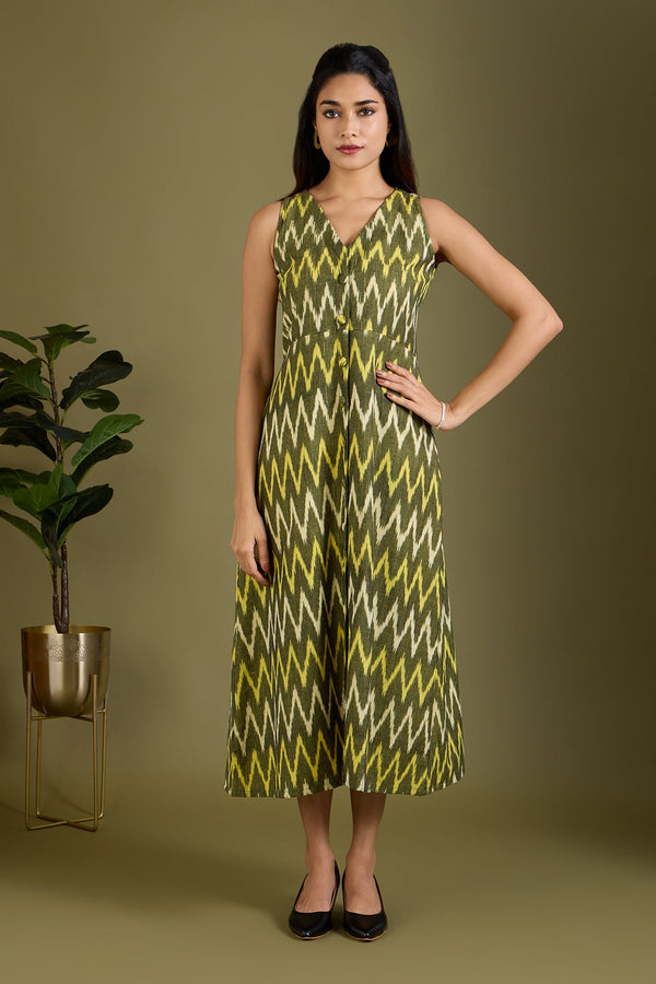 Maati Craft Earthy Zigzag Glow V-neck Button Down Dress