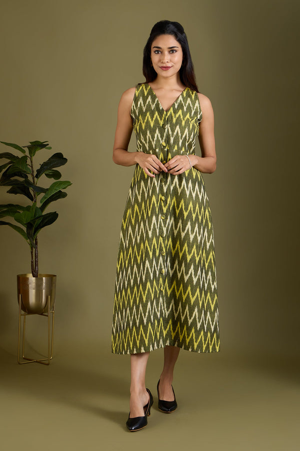 Maati Craft Earthy Zigzag Glow V-neck Button Down Dress