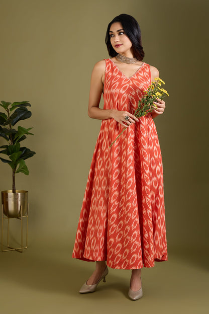 Maati Craft Mandarin Mood Sleeveless Strap Flared Bias Dress