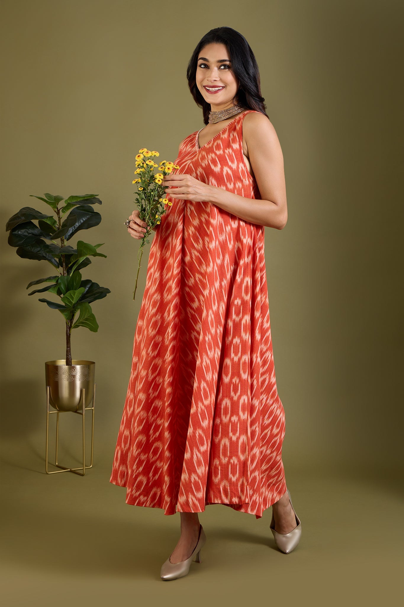 Maati Craft Mandarin Mood Sleeveless Strap Flared Bias Dress