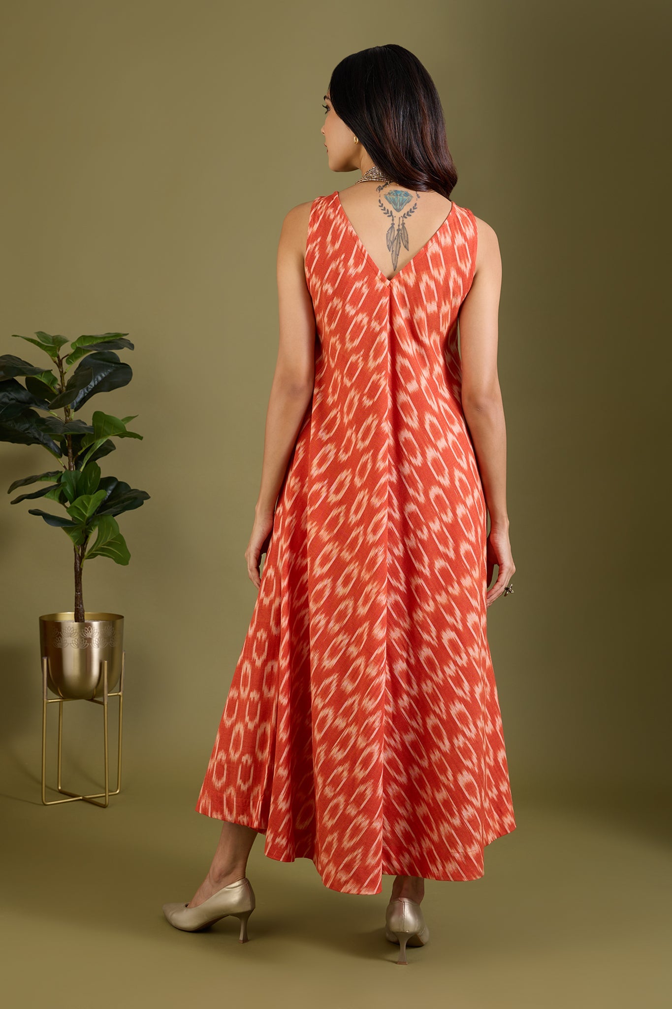 Maati Craft Mandarin Mood Sleeveless Strap Flared Bias Dress