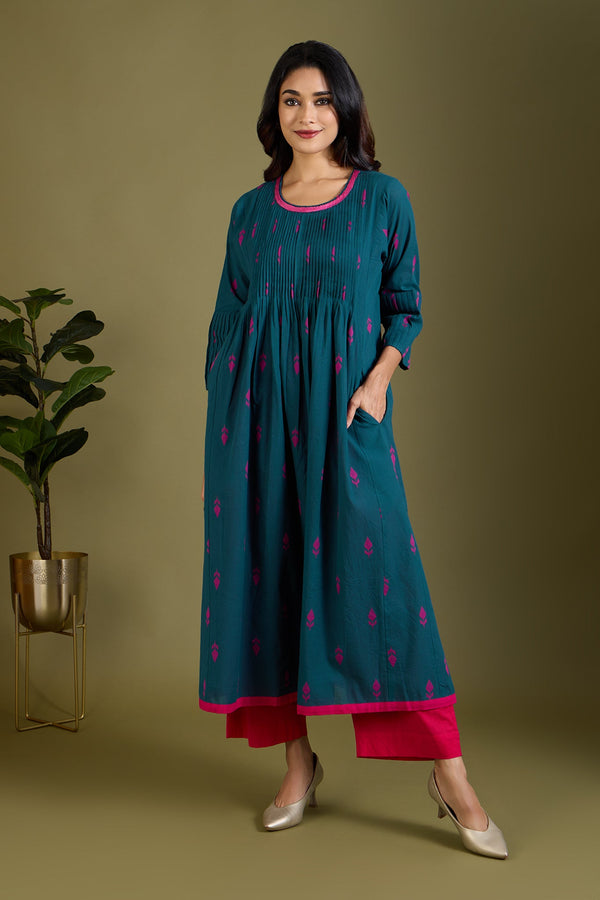 Maati Craft Peacock Pink Buti Mughal Pintuck Yoke & Sleeve Kalidar Kurta