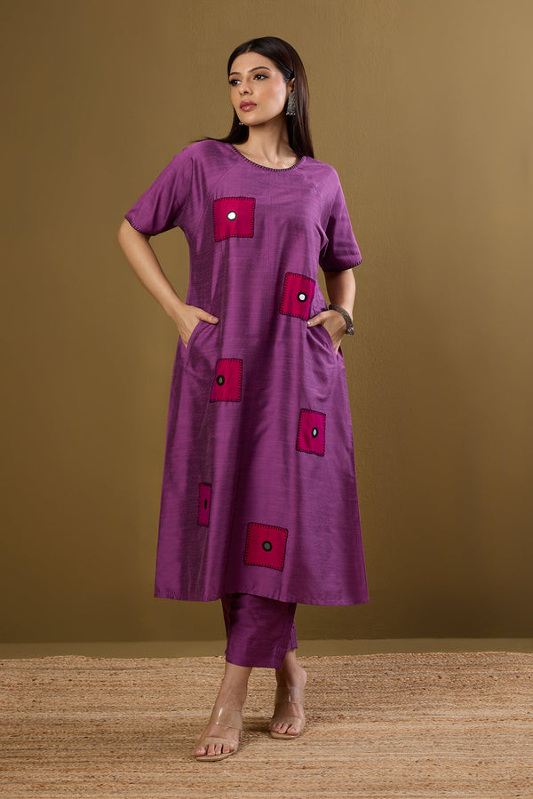 Maati Craft Co-ord set Dusty Mauve & Rose Mirror Silk Slub drop shoulder tunic & pants (set of 2)