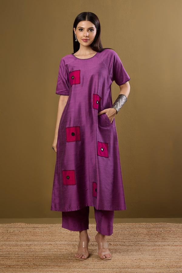 Maati Craft Co-ord set Dusty Mauve & Rose Mirror Silk Slub drop shoulder tunic & pants (set of 2)