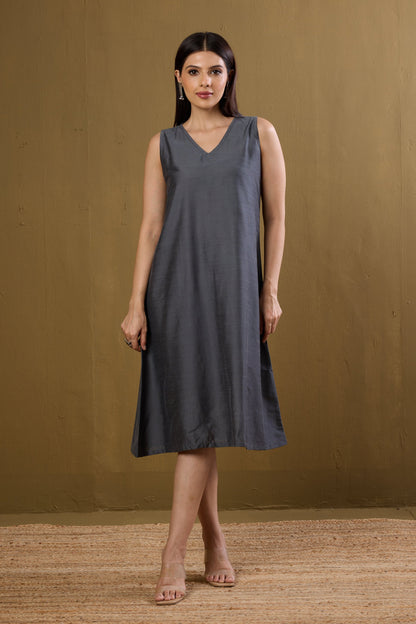 Maati Craft Gulabi Moonlit Grey Silk Slub Sleeveless V-Neck Dress