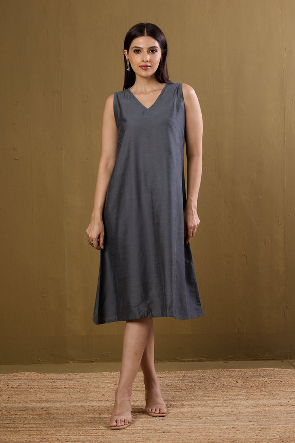 Maati Craft Gulabi Moonlit Grey Silk Slub Sleeveless V-Neck Dress