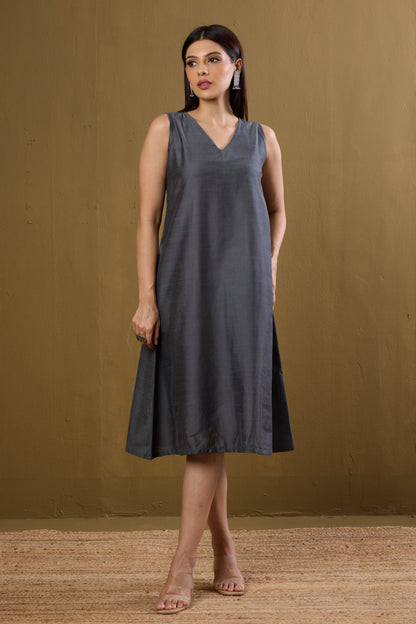 Maati Craft Gulabi Moonlit Grey Silk Slub Sleeveless V-Neck Dress