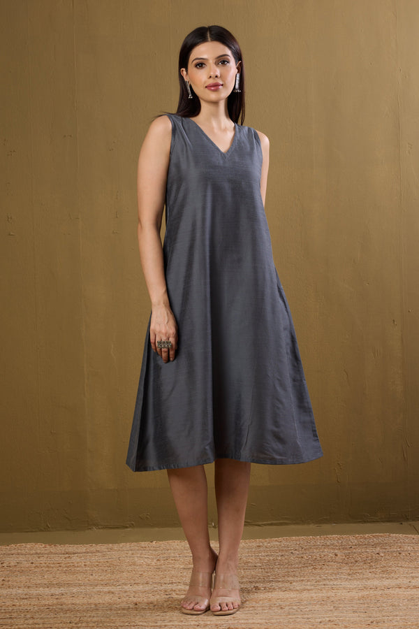 Maati Craft Gulabi Moonlit Grey Silk Slub Sleeveless V-Neck Dress