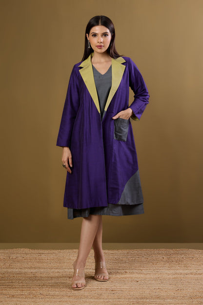 Maati Craft Gulabi Amethyst Dawn & Lime Dusk Silk Slub Luxe Revesible Patch Pocket Blazer Dress
