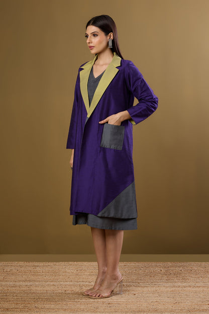 Maati Craft Gulabi Amethyst Dawn & Lime Dusk Silk Slub Luxe Revesible Patch Pocket Blazer Dress