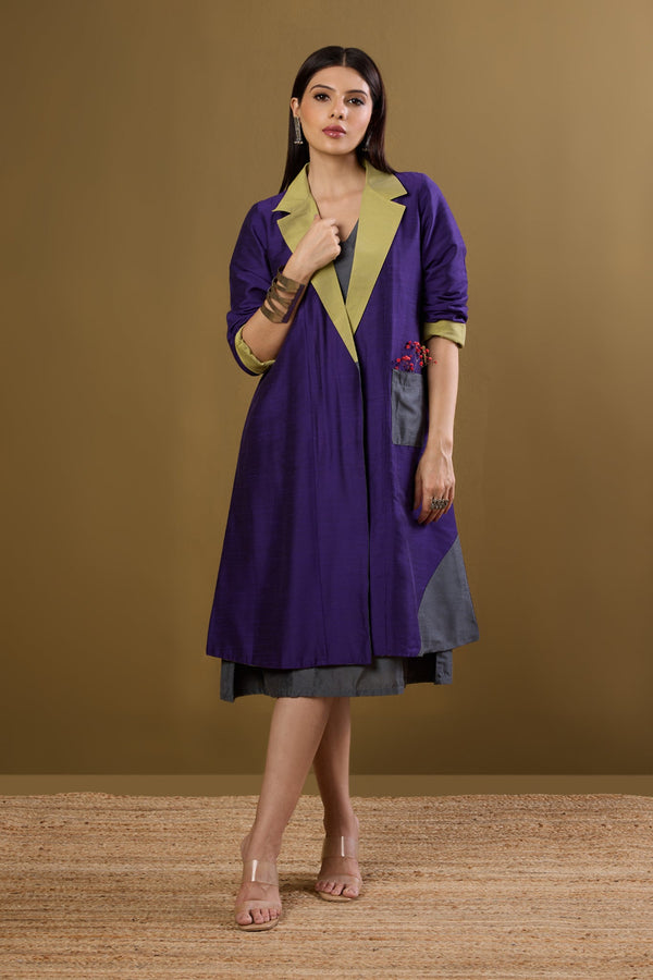 Maati Craft Gulabi Amethyst Dawn & Lime Dusk Silk Slub Luxe Revesible Patch Pocket Blazer Dress