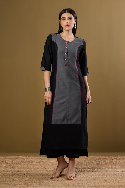 Maati Craft Ink and Ember Luxe Long Panelled Kurta with Slit