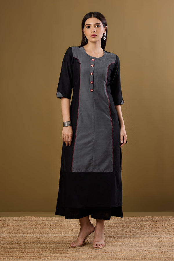 Maati Craft Ink and Ember Luxe Long Panelled Kurta with Slit